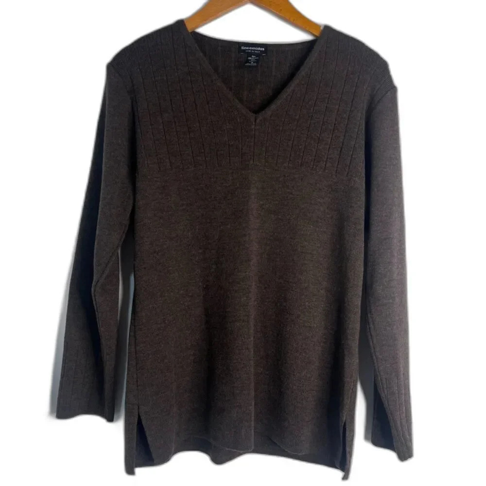 Lineamidas VNeck Sweater Brown Ribbed Merino Wool Pullover Neutral Casual Small